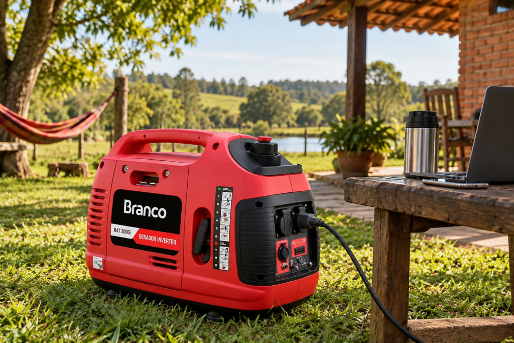 Gerador Branco B4T-2000i 220V em funcionamento em uma chácara, próximo a notebook e equipamentos eletrônicos