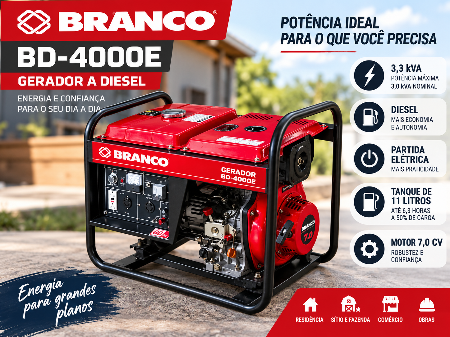 Gerador Branco BD-4000E a diesel com potência máxima de 3,3 kVA e partida elétrica