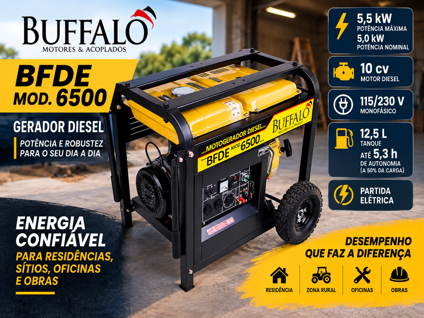 Gerador Buffalo BFDE 6500 diesel 10 cv com partida elétrica, potência máxima de 5,5 kW e saída 115/230 V