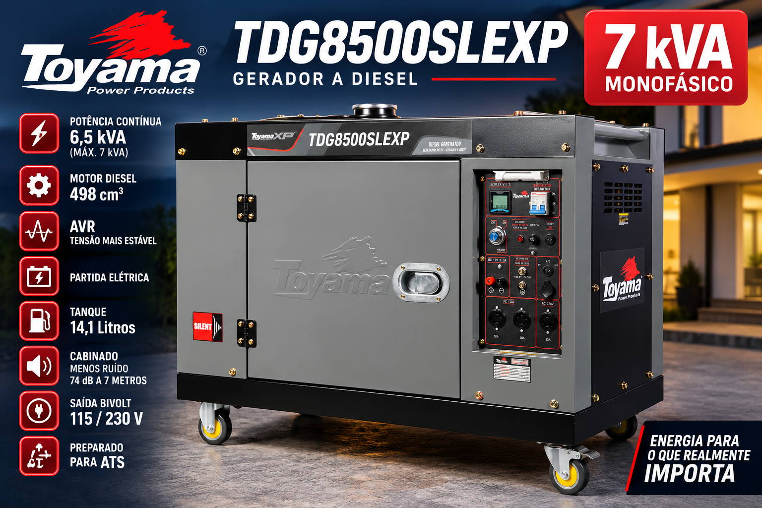 Gerador Toyama TDG8500SLEXP 7 kVA diesel cabinado com AVR, partida elétrica e saída 115/230 V