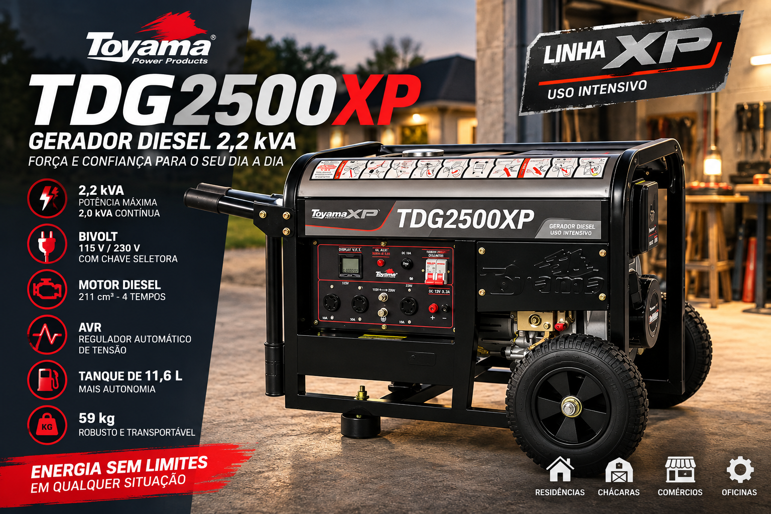 Gerador diesel Toyama TDG2500XP 2,2 kVA bivolt com AVR e rodas