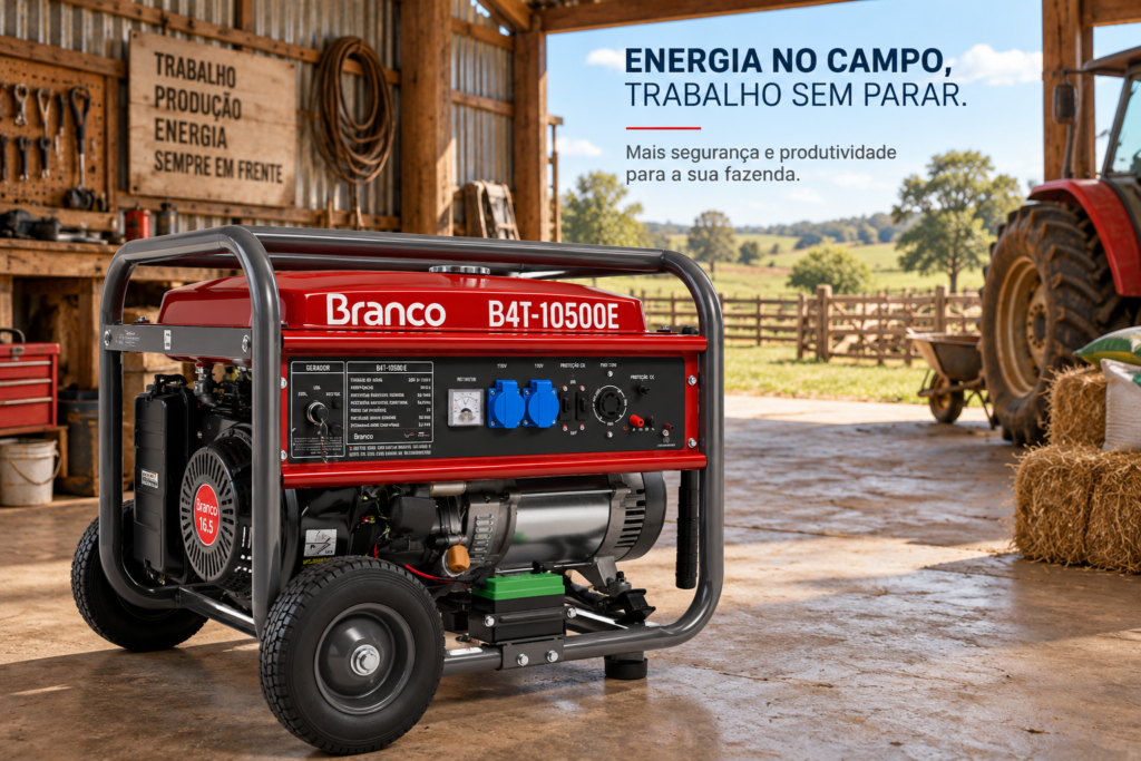 Gerador Branco B4T-10500E a gasolina instalado em galpão de fazenda