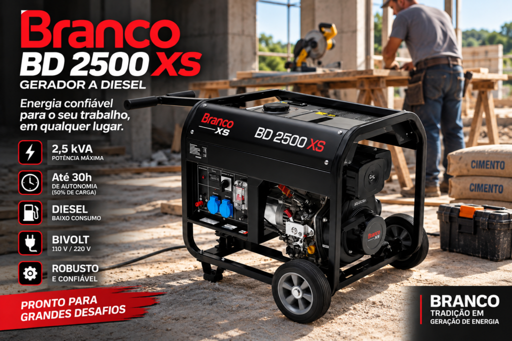 Gerador diesel Branco BD 2500 XS 2,5 kVA bivolt sendo utilizado em ambiente de obra
