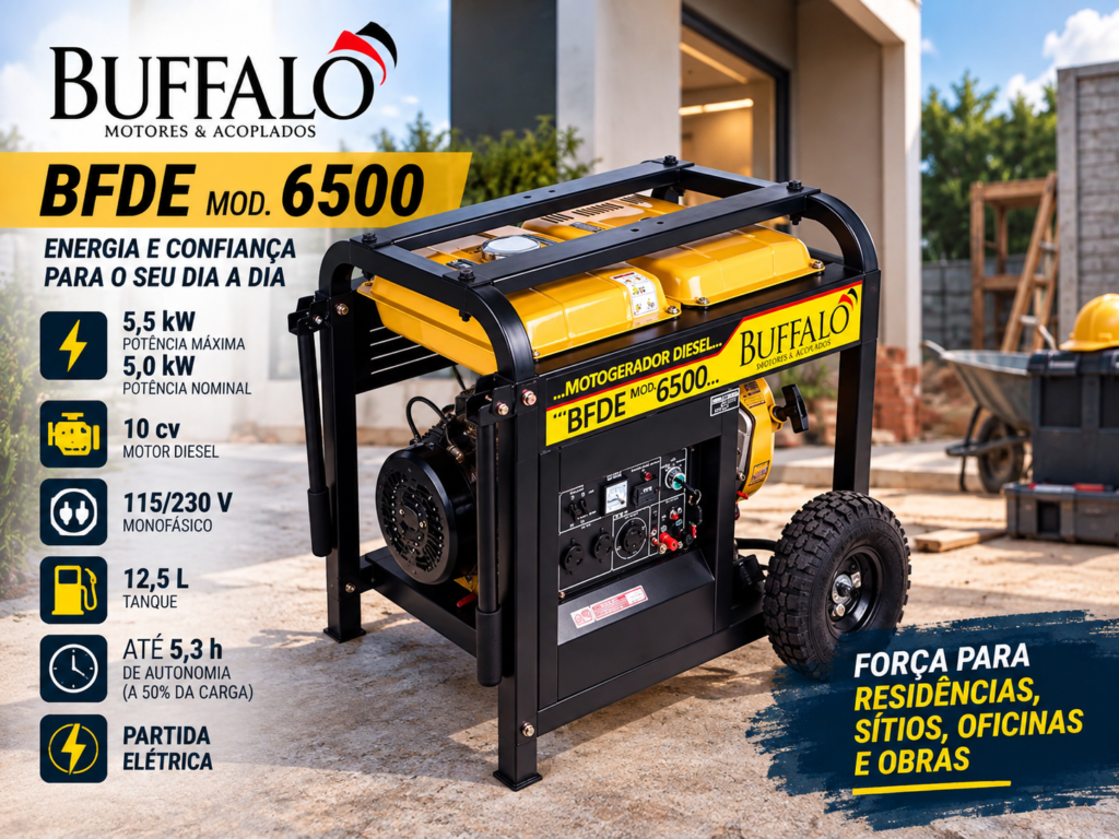 Gerador Buffalo BFDE 6500 diesel 10 cv com potência máxima de 5,5 kW e partida elétrica