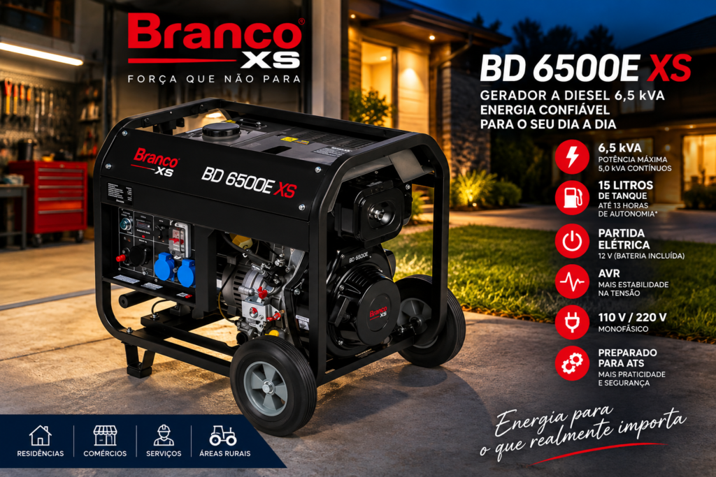 Gerador diesel Branco BD 6500E XS 6,5 kVA com partida elétrica sendo utilizado em área residencial