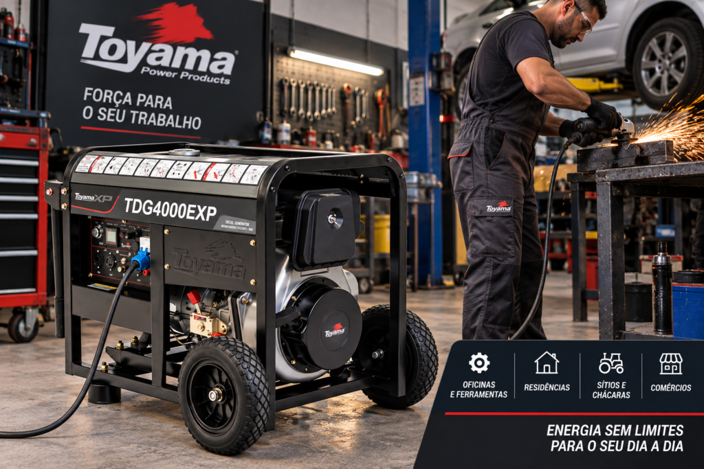 Gerador a diesel Toyama TDG4000EXP fornecendo energia para ferramentas em uma oficina mecânica