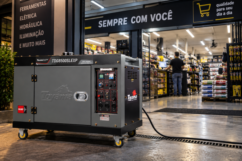 Gerador Toyama TDG8500SLEXP a diesel fornecendo energia para uma loja comercial