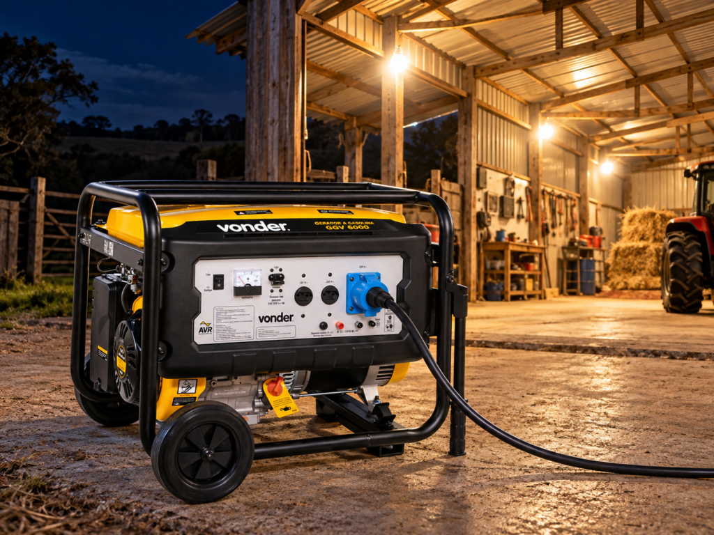 Gerador Vonder GGV 6000 fornecendo energia para iluminação de galpão em fazenda durante a noite