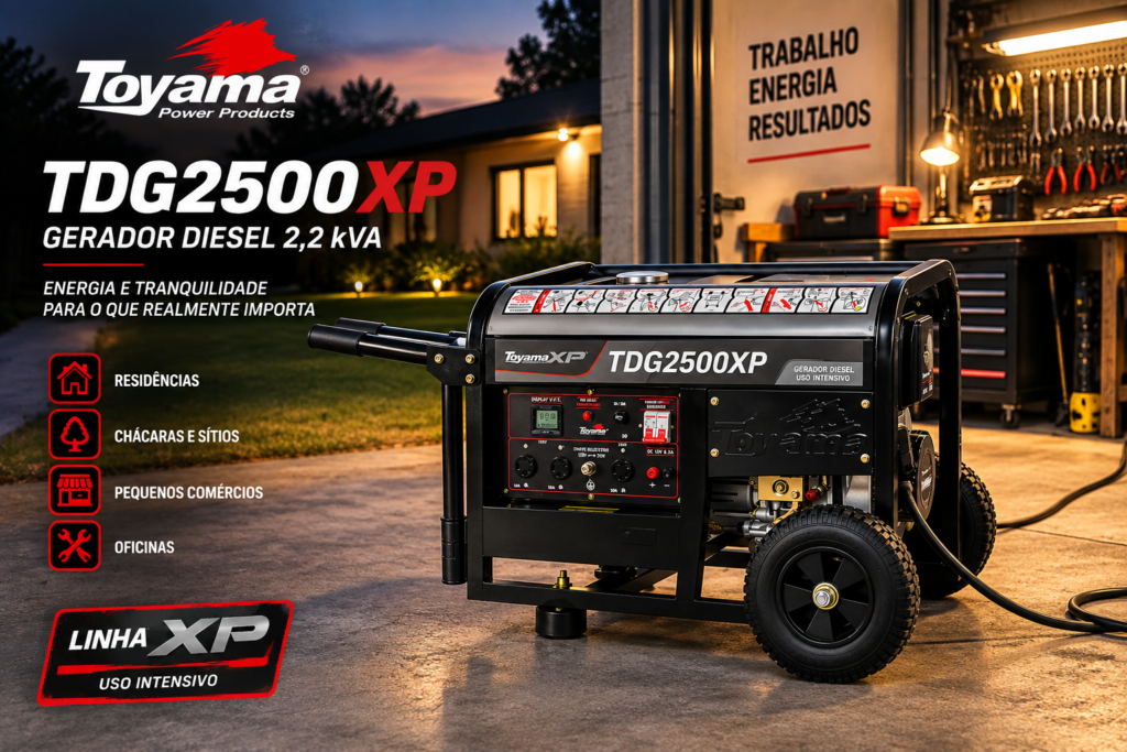 Gerador diesel Toyama TDG2500XP 2,2 kVA em uso próximo a oficina e residência