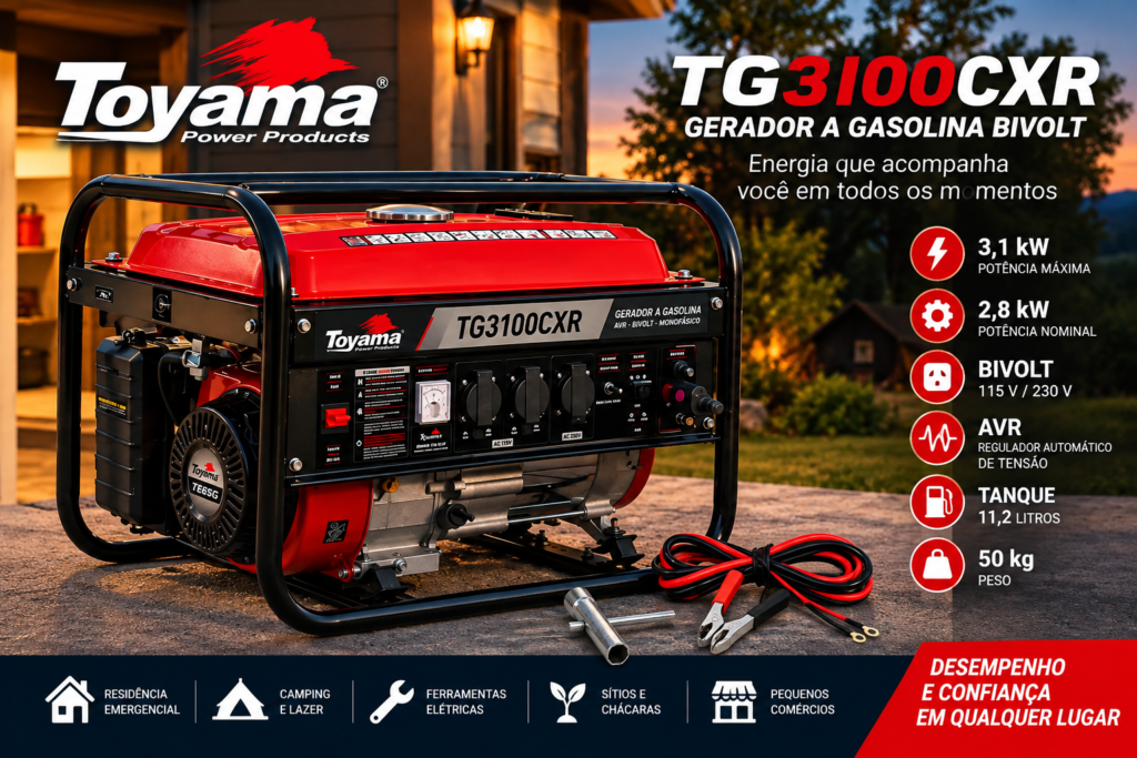 Gerador Toyama TG3100CXR bivolt 3,1 kW a gasolina com AVR e acessórios