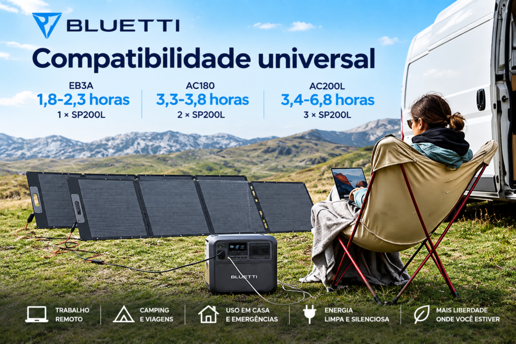 BLUETTI AC180 conectada a painéis solares em ambiente de camping e viagem