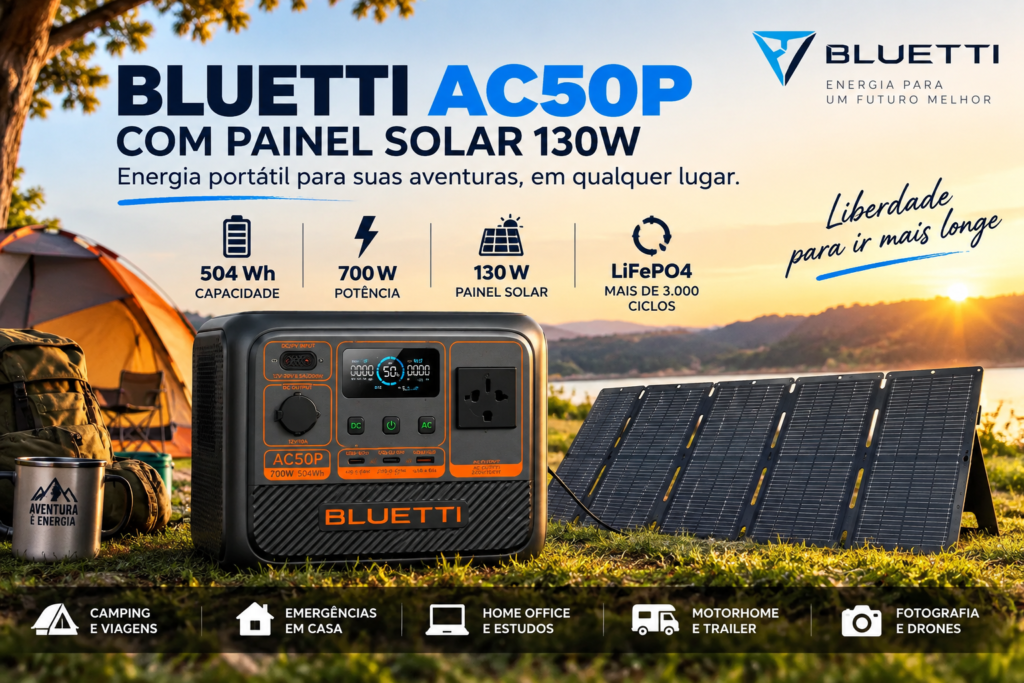 BLUETTI AC50P com bateria de 504Wh, potência de 700W e painel solar de 130W em cenário de camping.