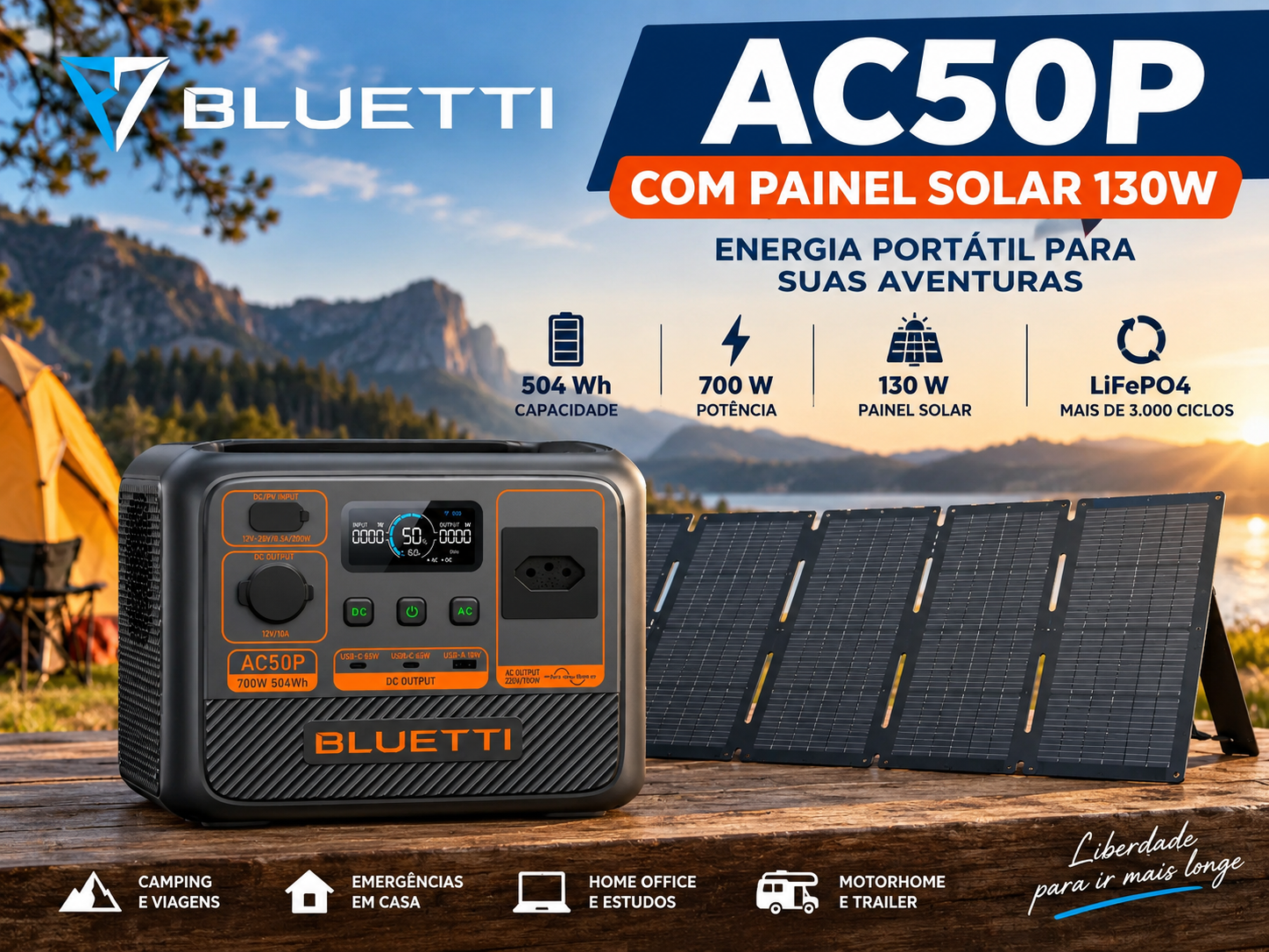 BLUETTI AC50P de 504Wh e 700W com painel solar de 130W em cenário de camping e uso portátil.