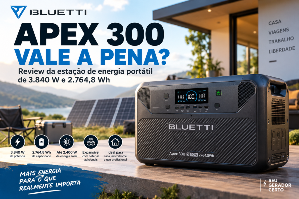 BLUETTI Apex 300 com 3.840 W de potência e 2.764,8 Wh de capacidade em cenário com painéis solares