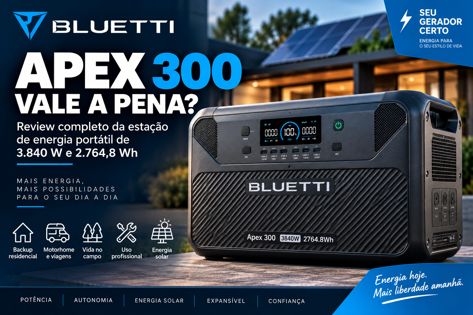BLUETTI Apex 300 com 3.840 W de potência e 2.764,8 Wh de capacidade em cenário residencial com energia solar