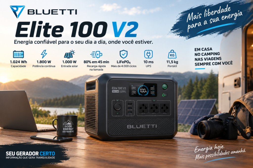 BLUETTI Elite 100 V2 com 1.024 Wh, potência de 1.800 W e entrada solar de até 1.000 W