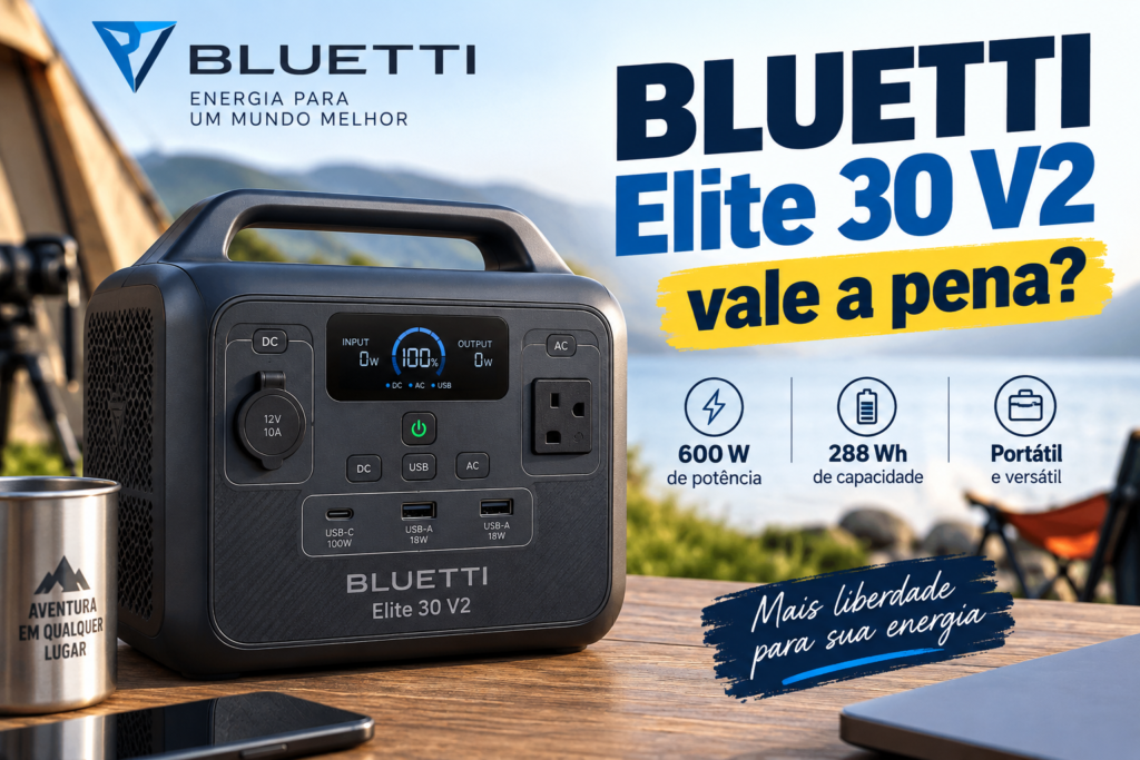 BLUETTI Elite 30 V2 vale a pena, estação de energia portátil de 600 W e 288 Wh.