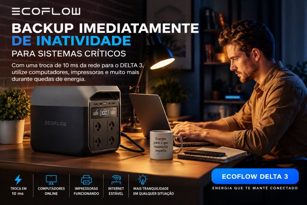 EcoFlow DELTA 3 fornecendo energia de backup para computador durante queda de energia