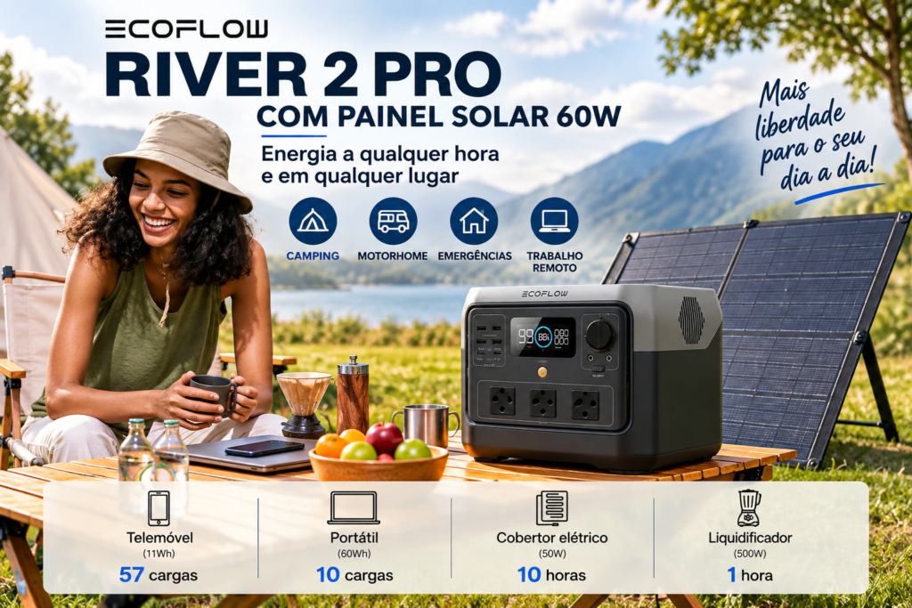 EcoFlow RIVER 2 Pro com painel solar 60W em ambiente de camping