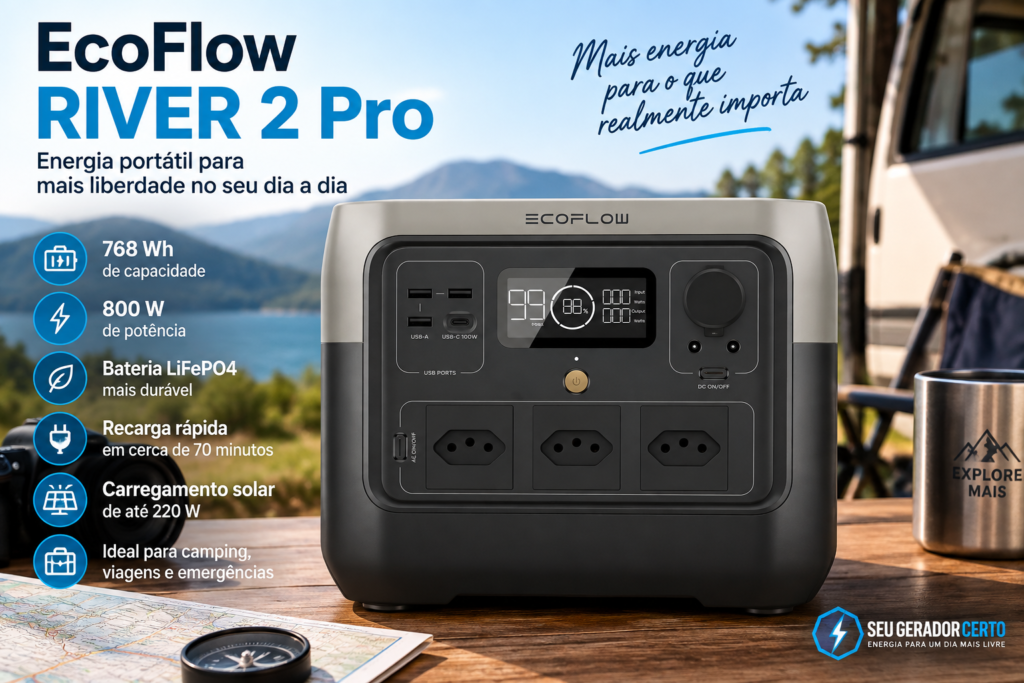 EcoFlow RIVER 2 Pro com 768 Wh e 800 W em cenário de camping e viagem