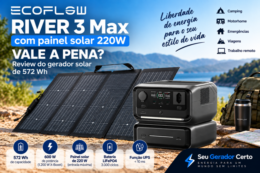 EcoFlow RIVER 3 Max com painel solar de 220W em ambiente externo, estação portátil de 572 Wh e 600 W