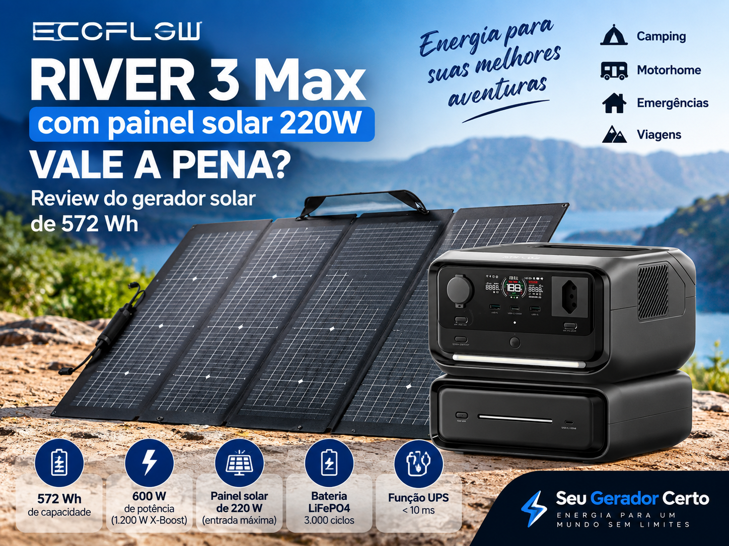 EcoFlow RIVER 3 Max com painel solar de 220W, estação de energia portátil de 572 Wh e 600 W