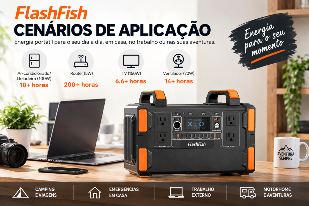 FlashFish J1000 Plus 1000W em cenários de uso com TV, roteador, ventilador e geladeira