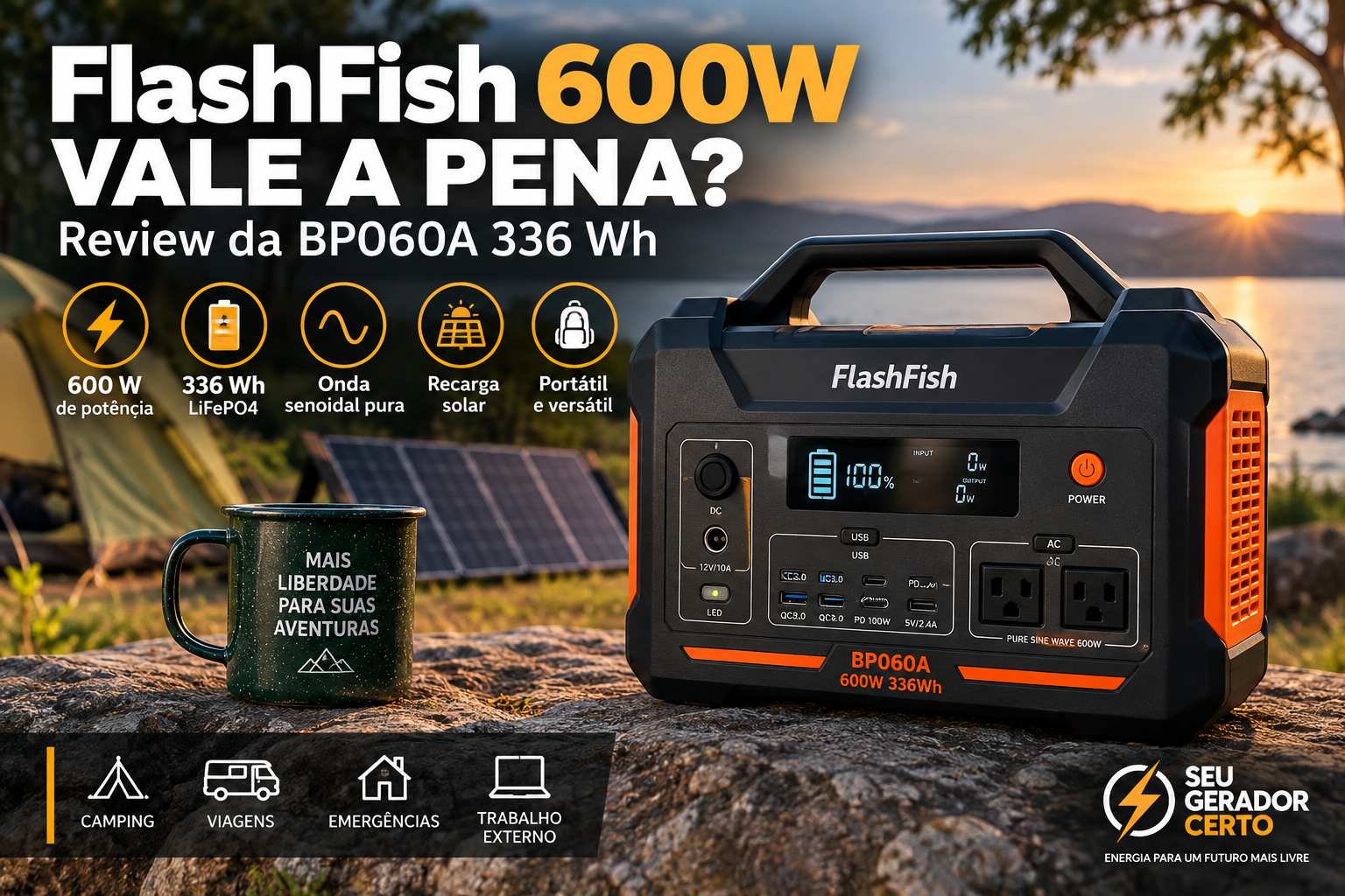 FlashFish 600W BP060A com bateria de 336 Wh e tecnologia LiFePO4 em cenário de camping