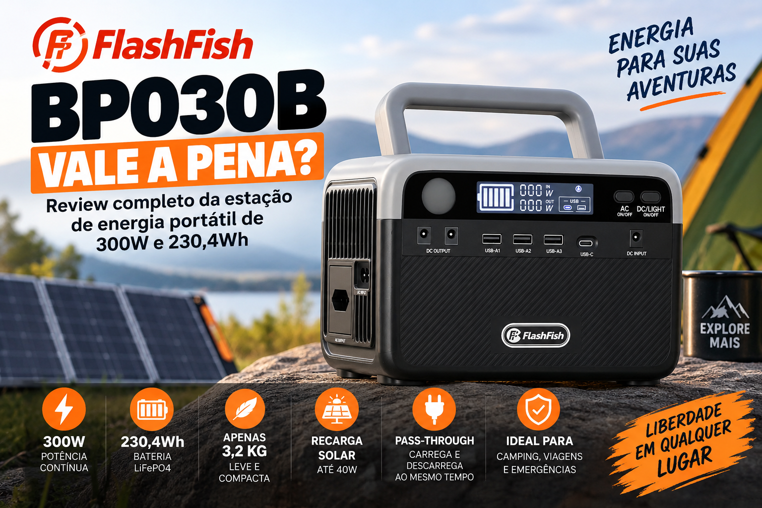 FlashFish BP030B 300W com bateria LiFePO4 de 230,4Wh em cenário de camping