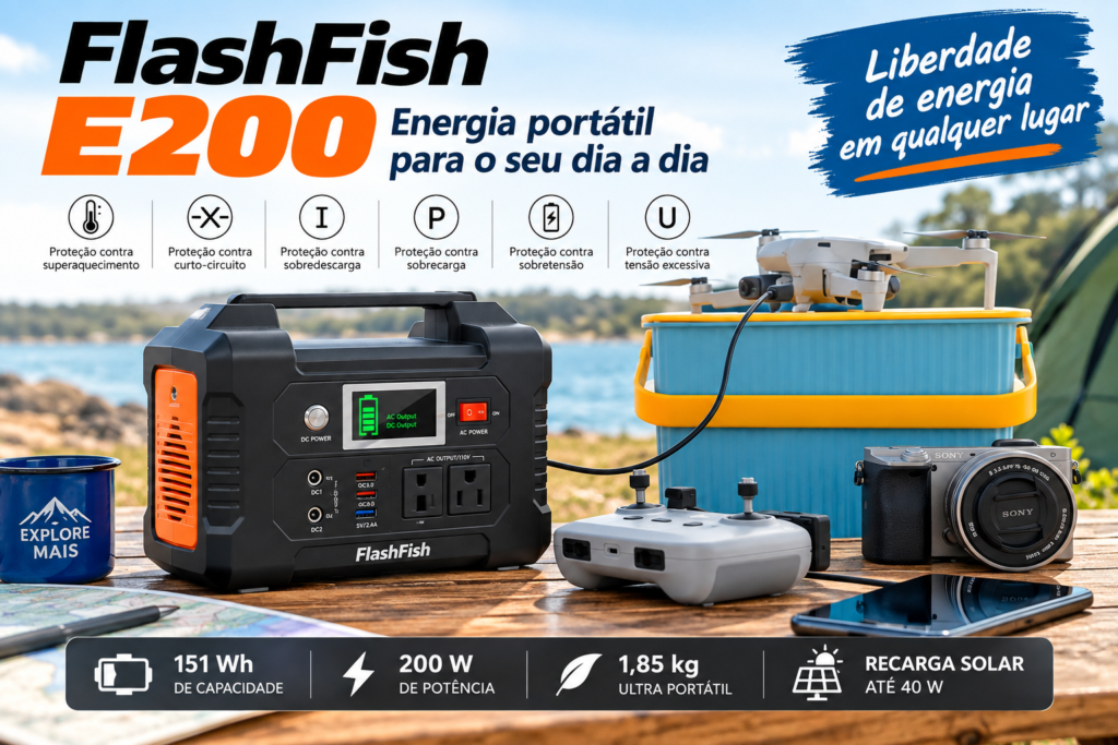 FlashFish E200 de 200 W e 151 Wh sendo usada com drone, câmera e eletrônicos em ambiente externo