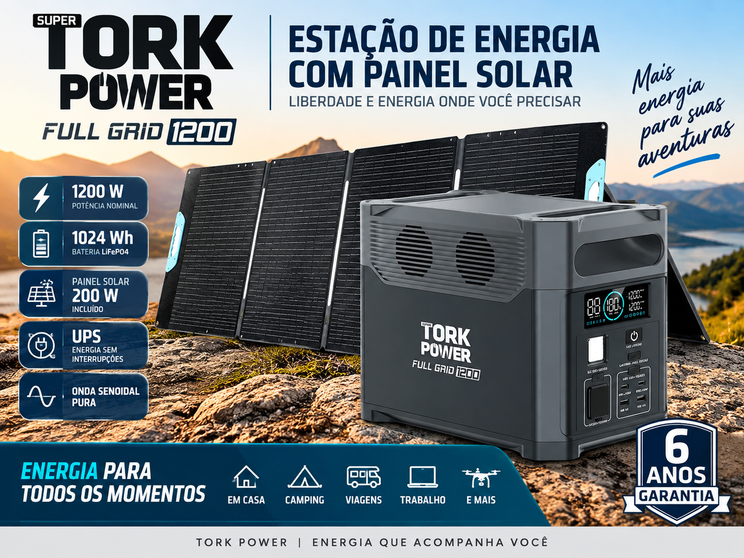 Estação de energia Tork 1200W 220V com bateria de 1024 Wh e painel solar portátil de 200W.