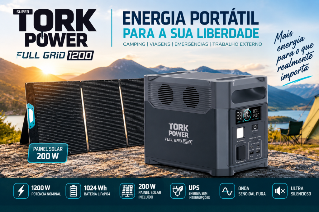 Estação de energia portátil Tork 1200W com bateria LiFePO4 de 1024 Wh e painel solar de 200W em ambiente de camping.