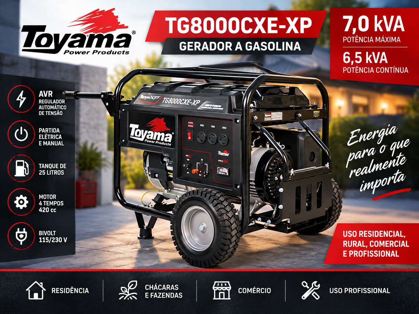 Gerador a gasolina Toyama TG8000CXE-XP 7 kVA com AVR, partida elétrica e tanque de 25 litros