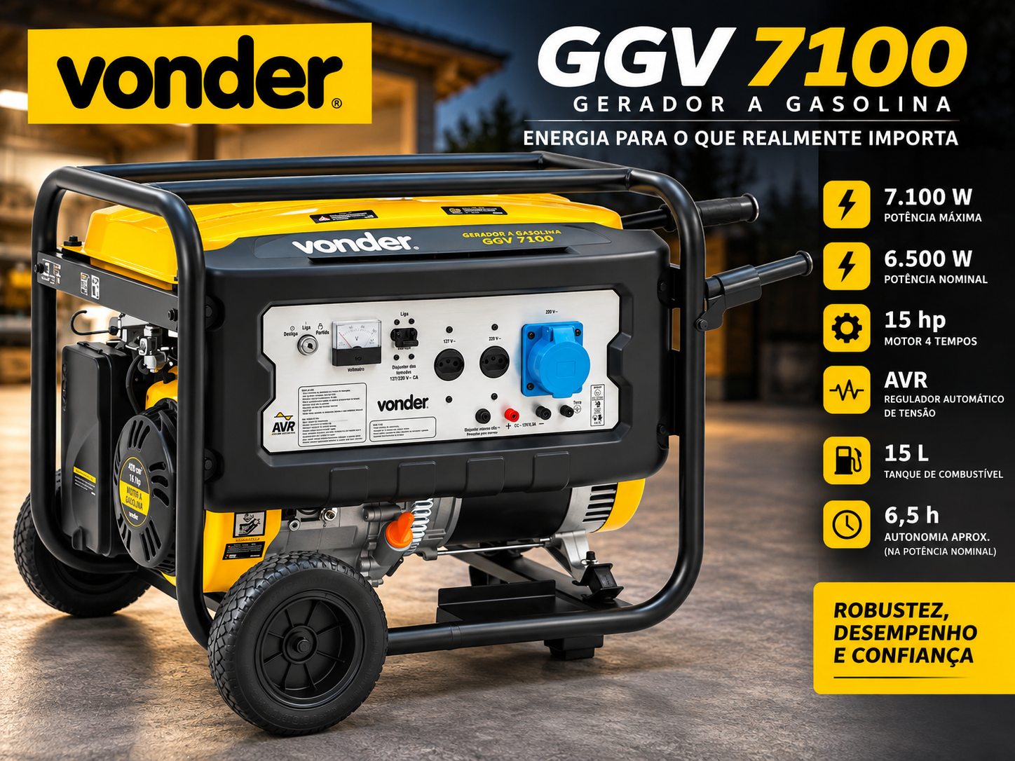 Gerador a gasolina Vonder GGV 7100 de 7.100 W com sistema AVR, tanque de 15 litros e partida elétrica